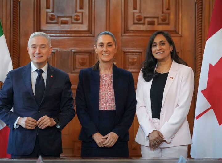 François-Philippe Champagne, Claudia Sheinbaum y Anita Anand, este martes, en Ciudad de México.