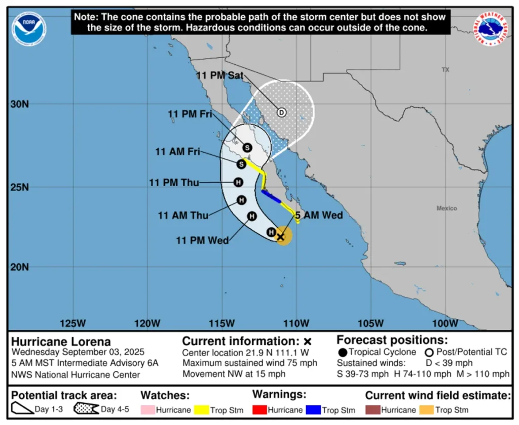 Advertencia de tormenta tropical en la zona de Baja California lorena nhc