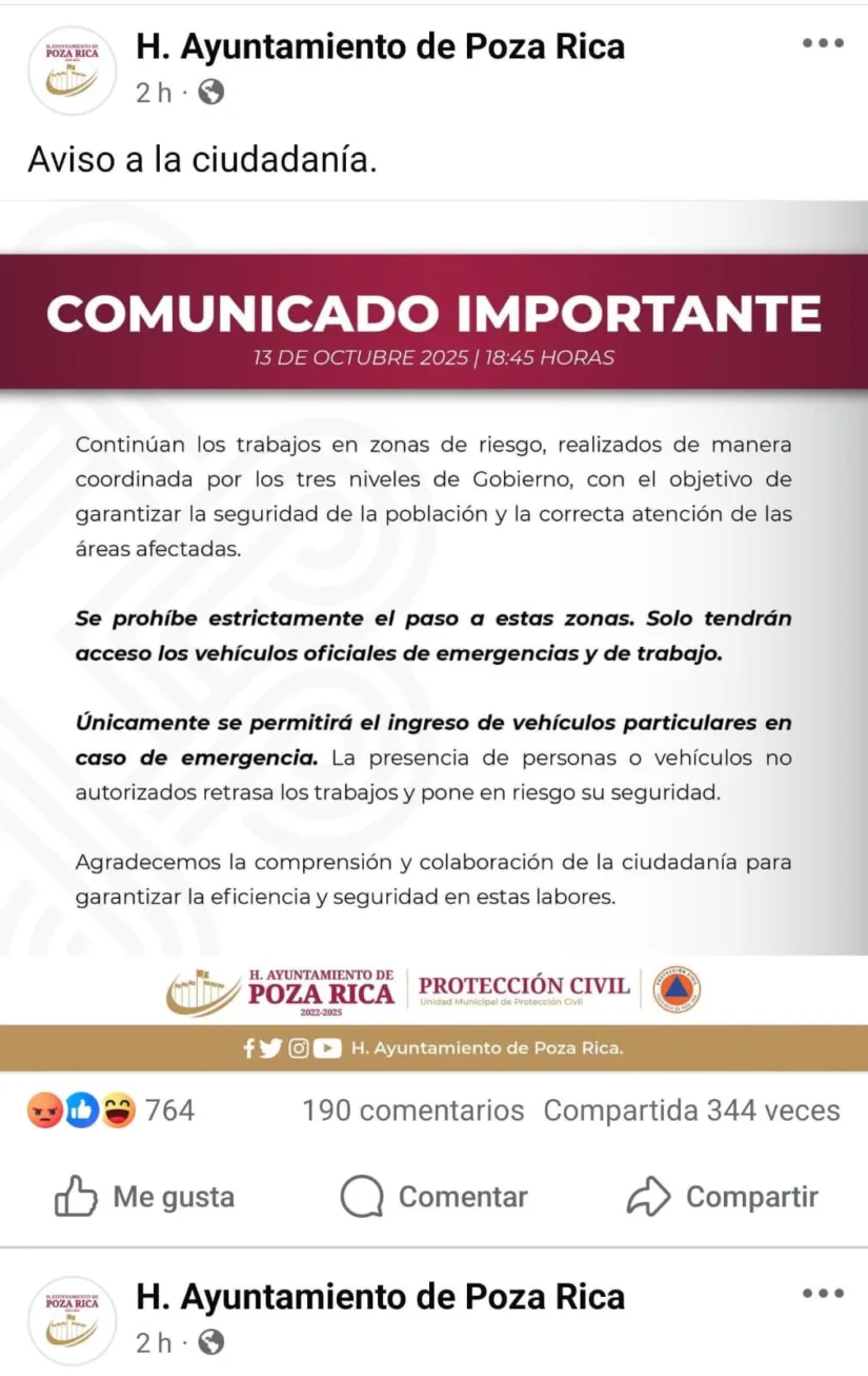 Anuncia gobierno de Poza Rica, que 'Solo tendrán acceso vehículos oficiales de emergencias y trabajo' se prohibe n