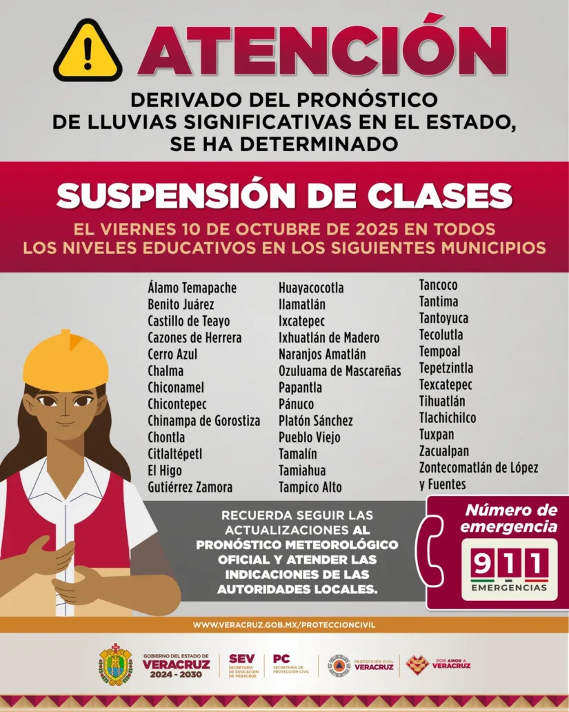 Suspenden clases este viernes por 'lluvias en 39 municipios de Veracruz viernes n
